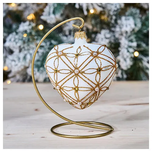 Heart Shaped Christmas bauble in ivory glass with red and gold decorations  100mm | online sales on HOLYART.com