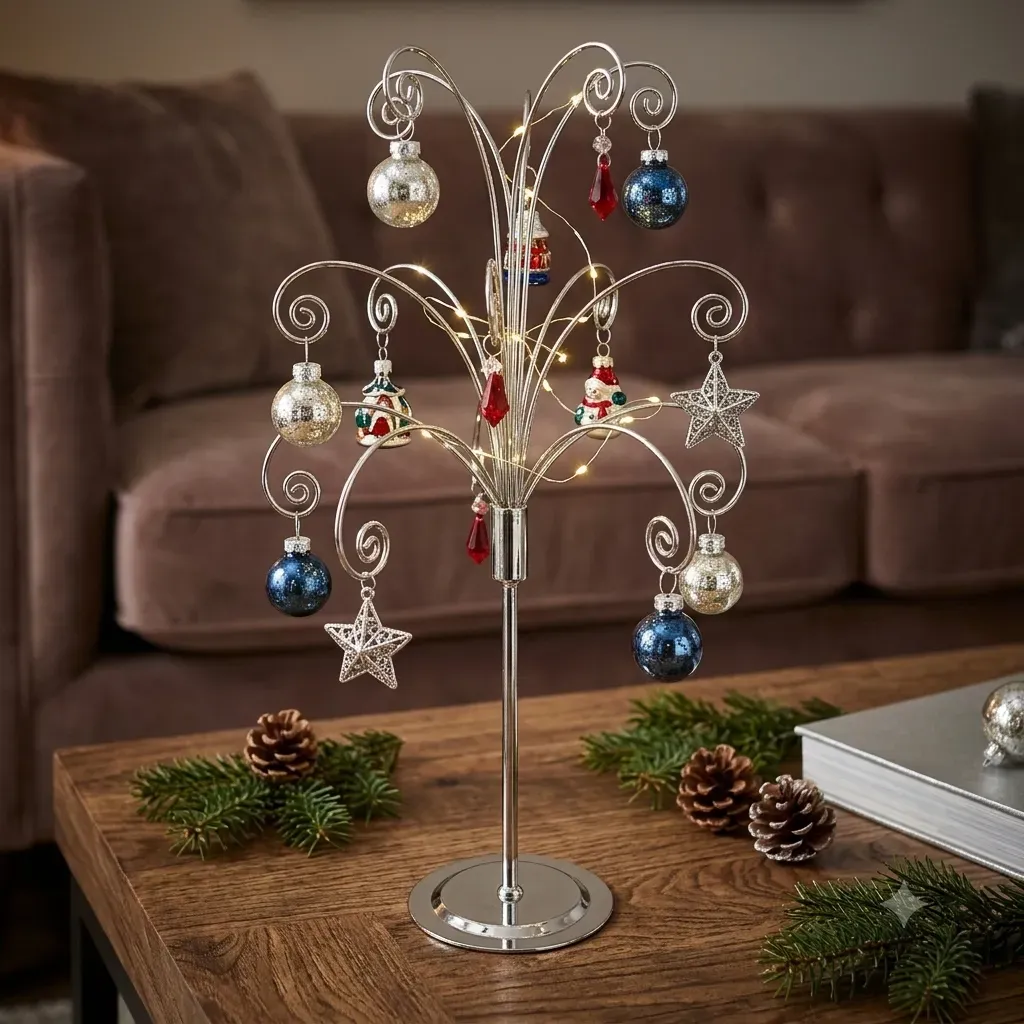 HOHIYA 20 Inch Ornament Display Tree with 15 Hooks Silver Chrome Tabletop Christmas Ornament Stand