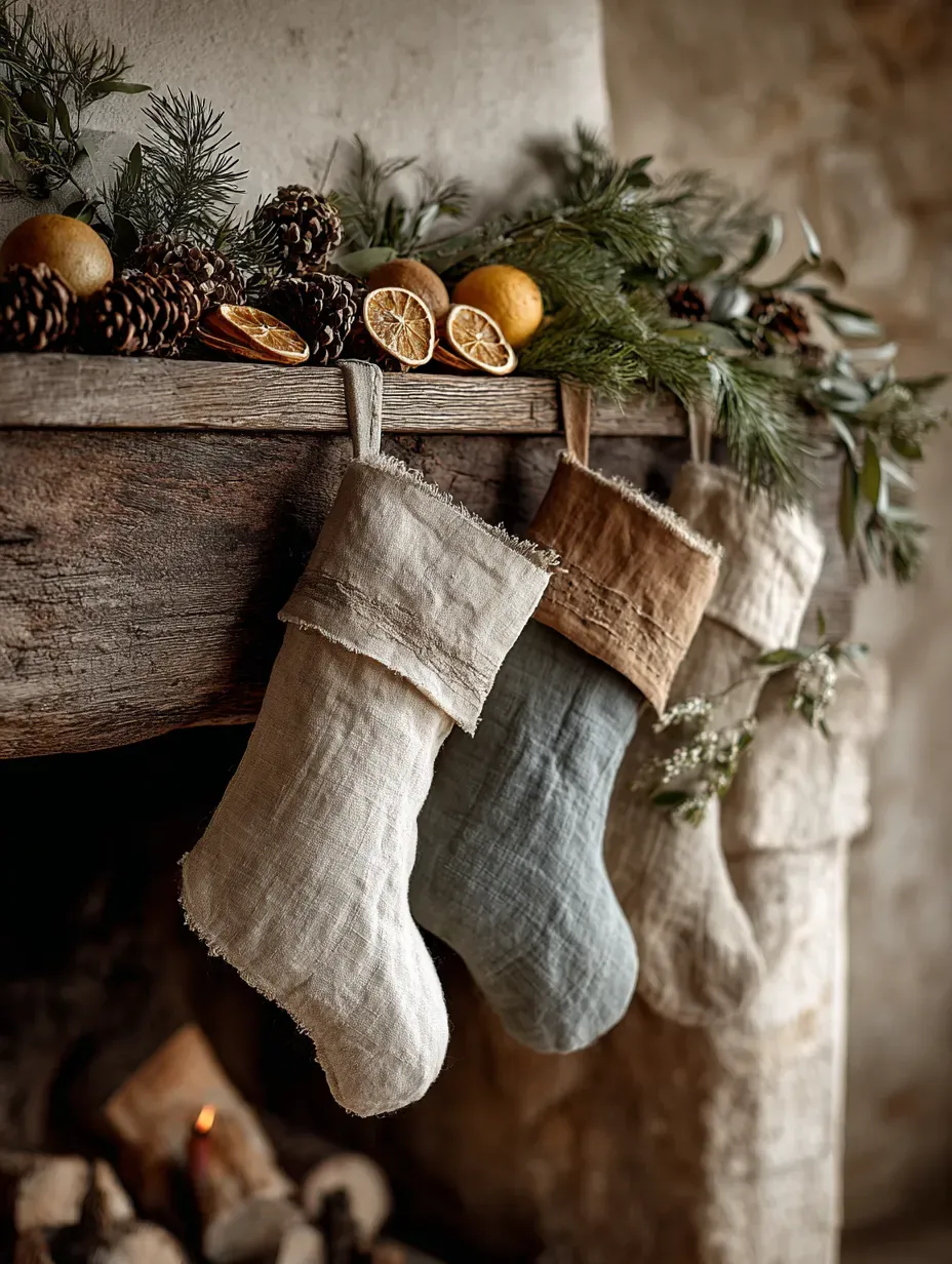 🧣 Holiday Hearth Glow: Linen Christmas Stockings & Natural Accents