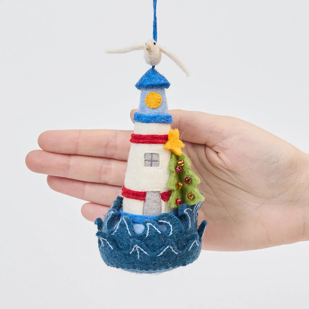 Holiday Lighthouse Ornament – Coastal Christmas Felt Décor