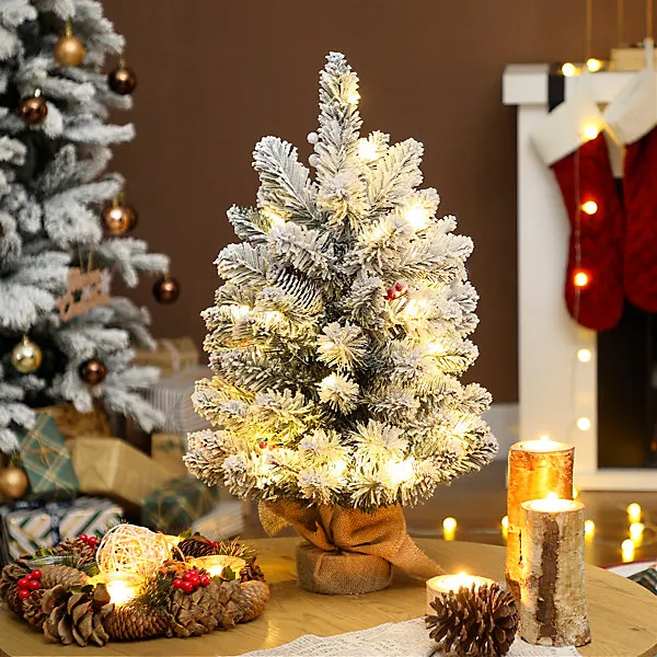 HOMCOM 60 cm Prelit Small Christmas Tree, Snow Flocked Tabletop Xmas Tree
