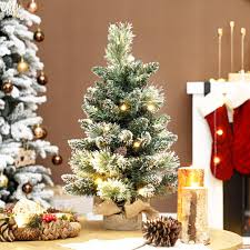 HOMCOM 60 cm Prelit Small Christmas Tree, Snow Flocked Tabletop Mini Xmas Tree with 35 LED Lights, Pine Cones and Linen Cover Base, Battery Operated, Green by Tesco - Marketplace | uFurnish.com