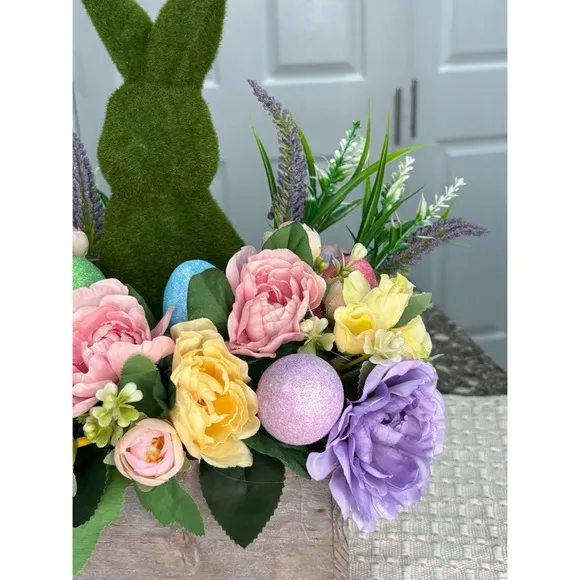 Inexpensive Easter floral centerpiece ideas from Dollar Tree Easter Centerpiece With Flocked Bunny & Eggs Floral Arrangement Spring Decor