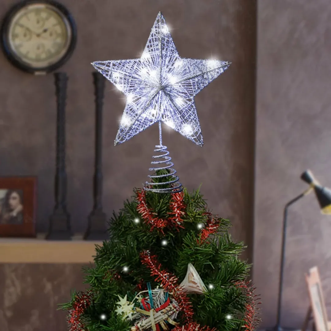 Joiedomi Christmas Tree Toppers, Glittery Silver Star Tree Topper Lighted With White LED Lights is simple modern style