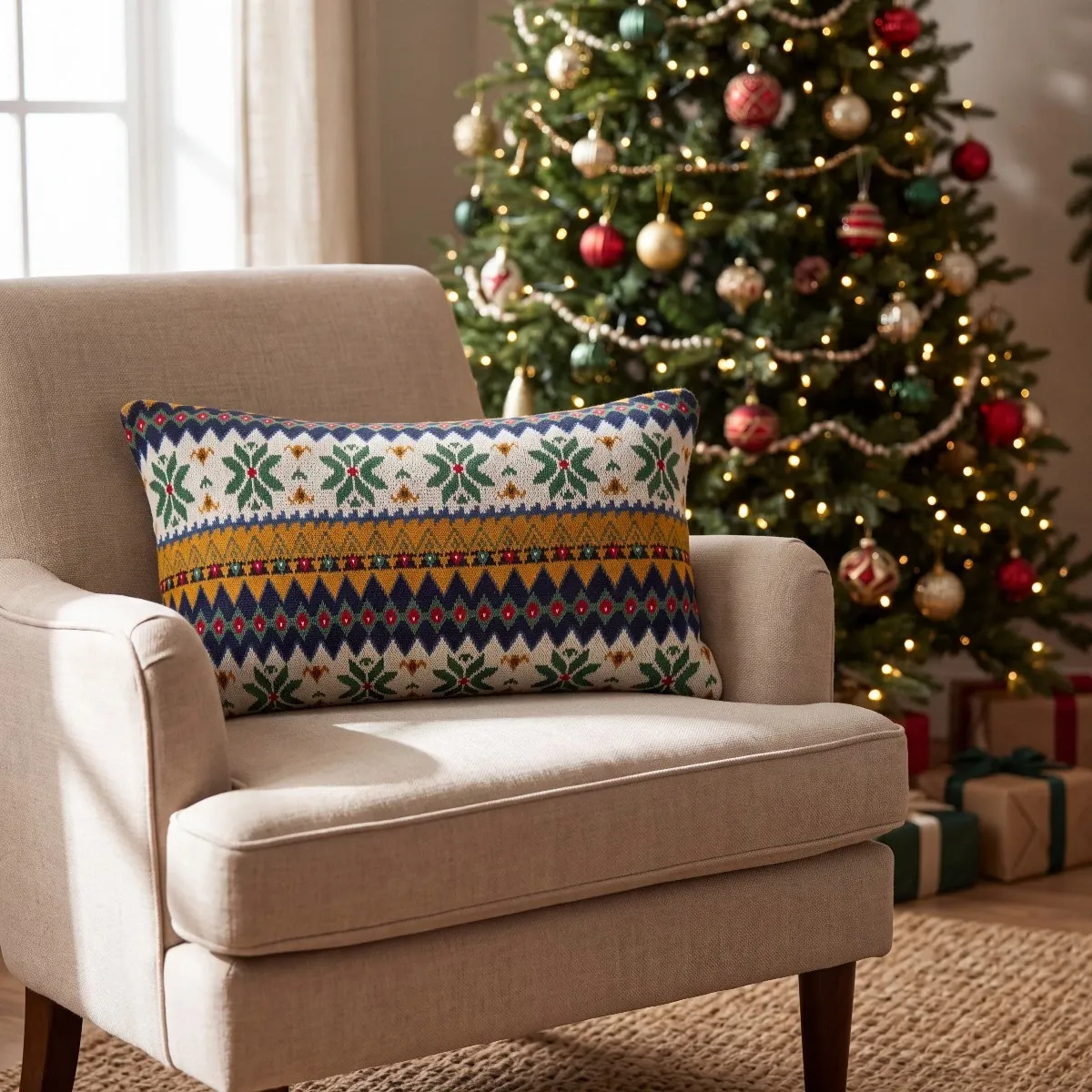 Knitted Christmas Cushion - Fairisle Snowflake | Kilkenny Design