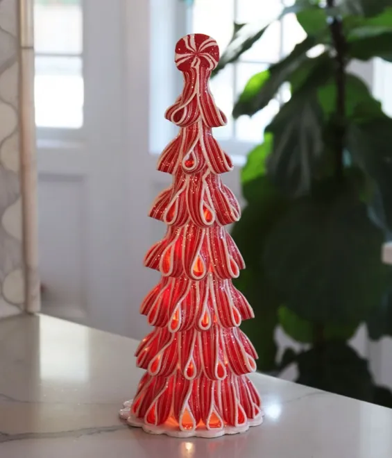 Lighted Peppermint Candy Ribbon Tree - Battery Operated 13.5 Inch