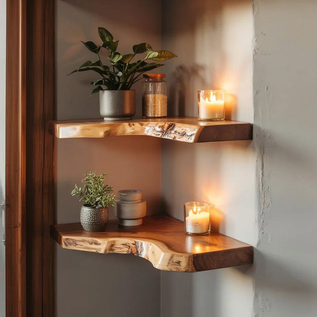 Live Edge Wood Corner Shelf - Handmade Floating Shelf