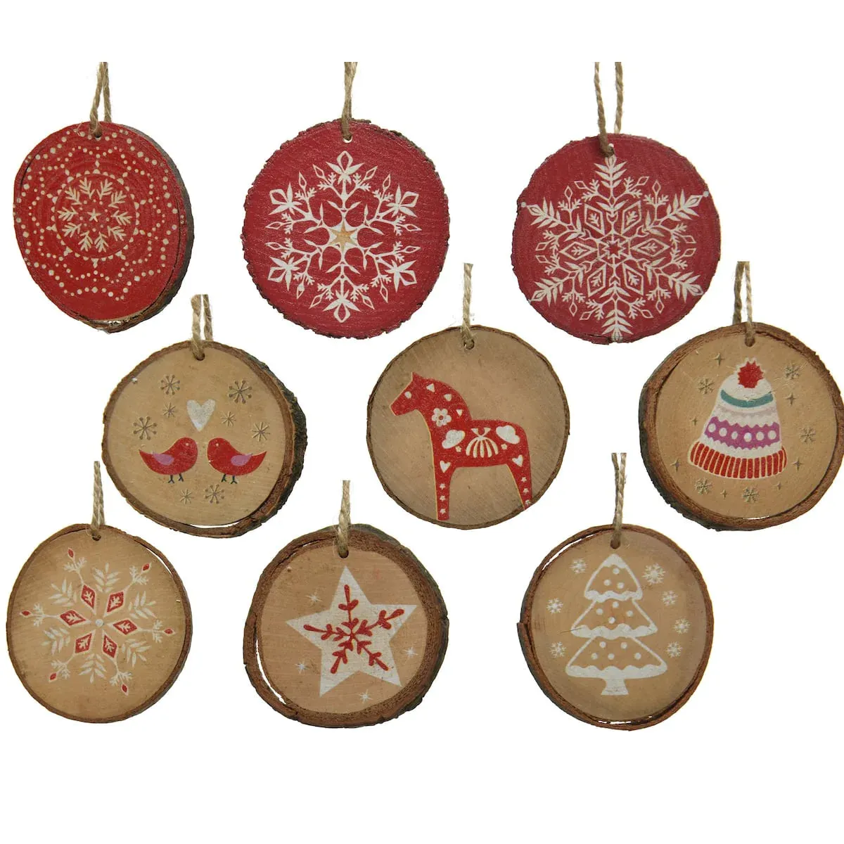 Log Slice Red & White Wood Folk Art Mix Hanging Christmas Decorations –  Festive Living