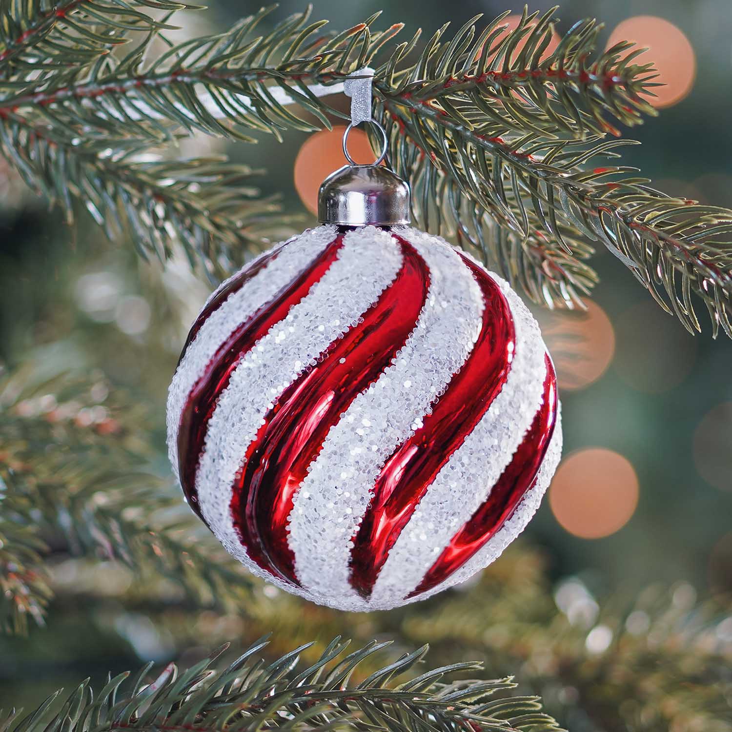 Luxury Glass Christmas Bauble Swirl 8cm Red White