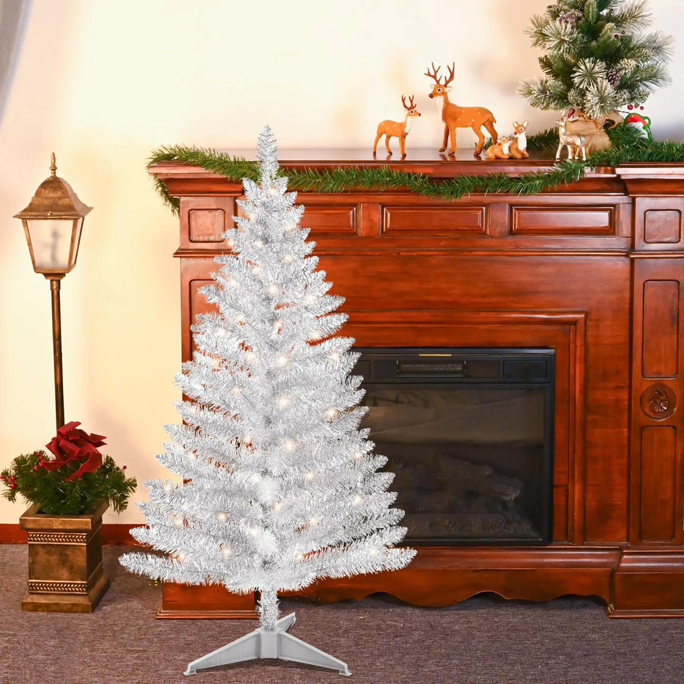 Makeatree 4 ft Silvery Artificial Christmas Tree with 50 Lights,112 Branch Tips Mini Holiday Party Xmas Tree w/Stand - 4ft