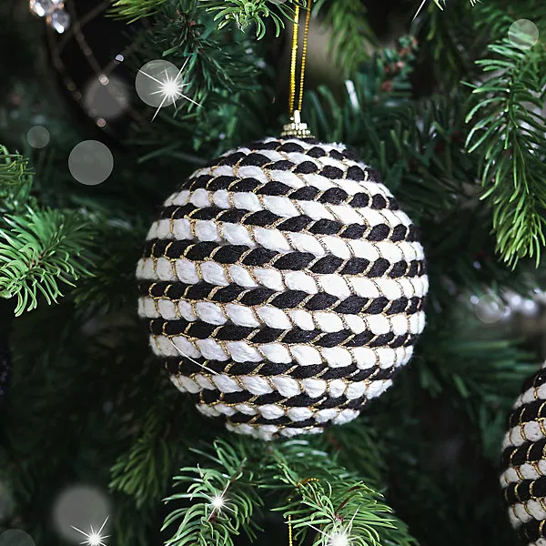 Melody Maison Set of 3 Large Round Black & White Stripe Rope Christmas Tree Baubles - 10cm