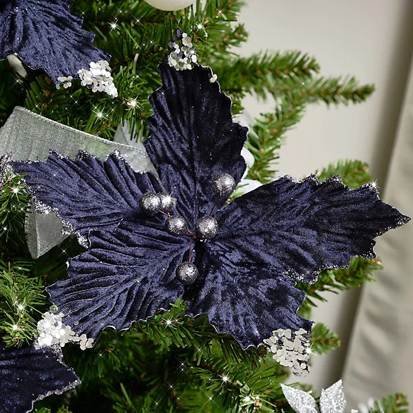 Melody Maison Set of 3 Navy Blue Poinsettias Clip Christmas Decorations -  25cm