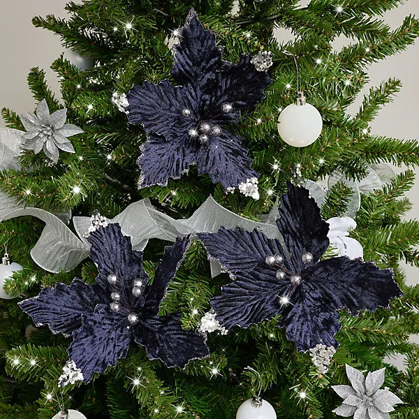 Melody Maison Set of 3 Navy Blue Poinsettias Clip Christmas Decorations -  25cm