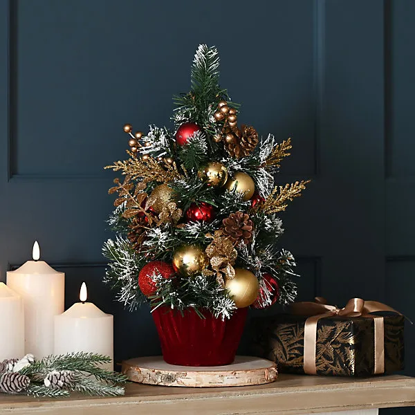 Mini 41cm Artificial Christmas Tree. Red, Gold & Green decorated snowy branches- 30 warm white LEDs.