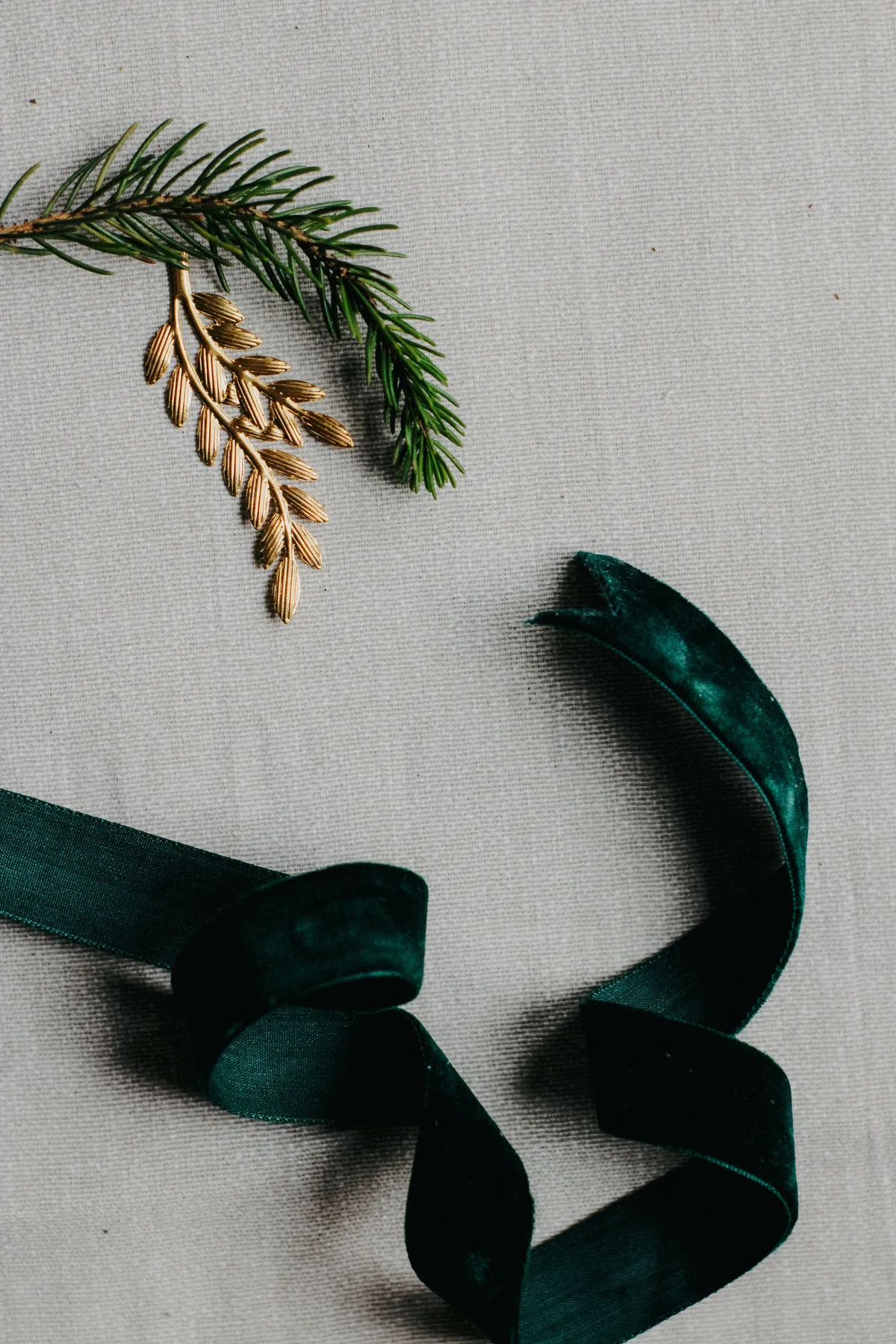 Minimalist holiday decor featuring evergreen branch and velvet ribbon.