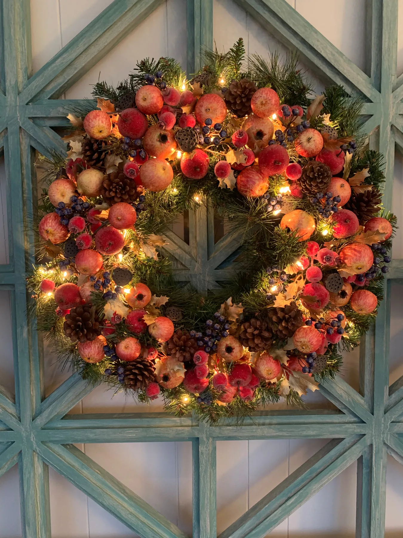 Mixed Fruit and Pinecone Prelit Artificial Holiday Wreath 28” diameter – Gemini Designs
