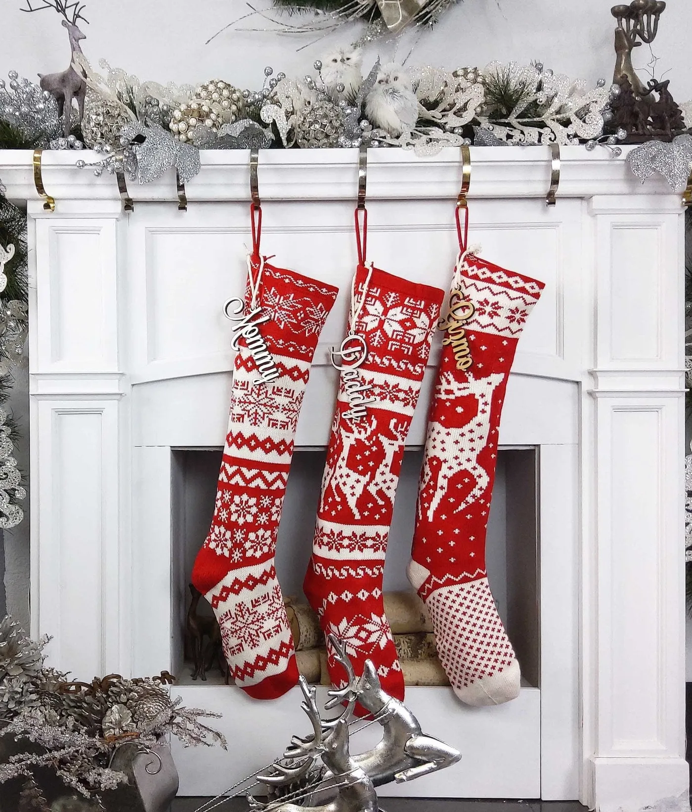 Modern Classic Christmas Stockings / Knit Red Authorized White Reindeer Or  Snowflake