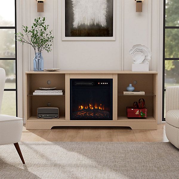 Modern wooden TV cabinet with built-in electric fireplace, adjustable flame and remote control