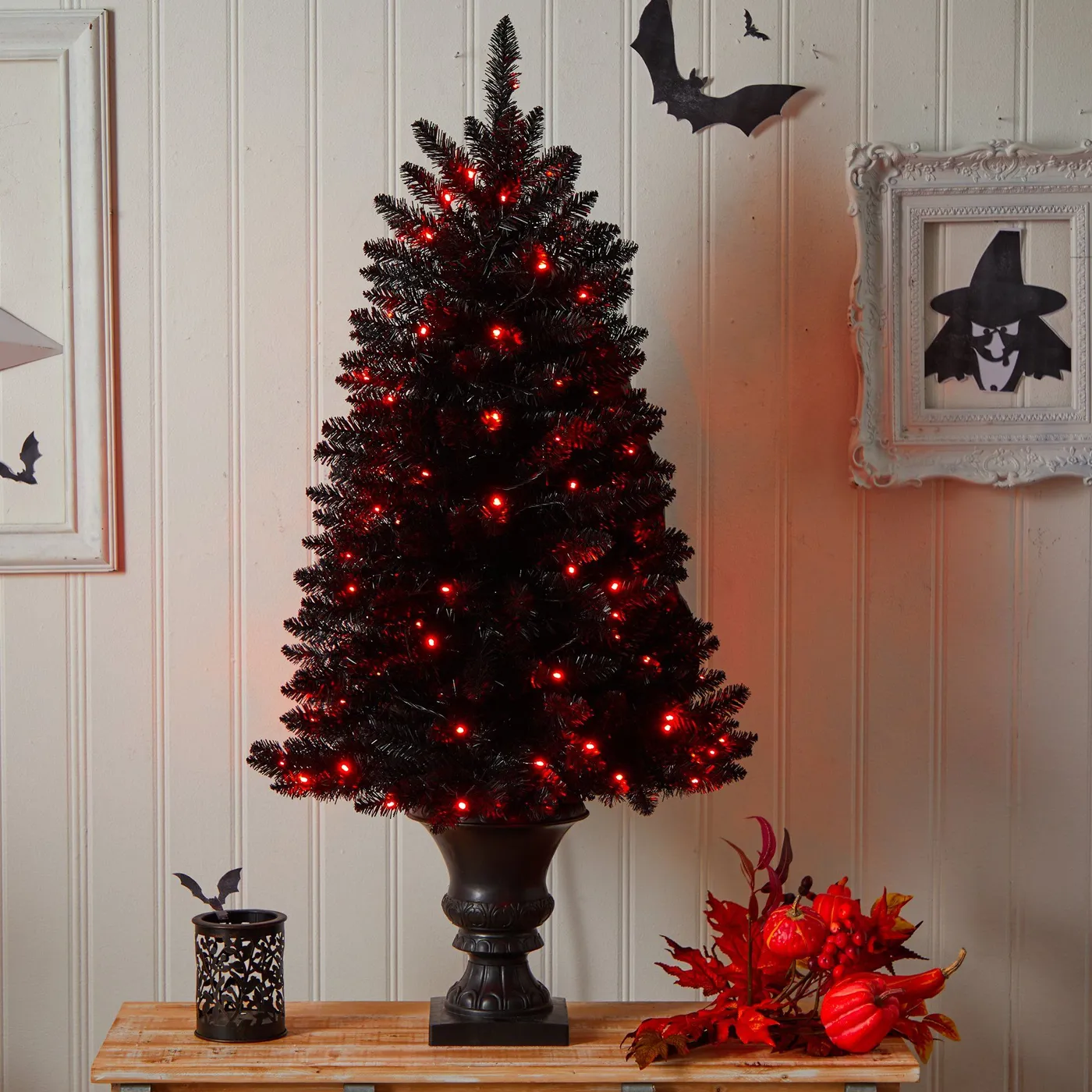 Nearly Natural 4ft. Black Halloween Artificial Christmas Tree in Urn with 100 Orange LED Lights