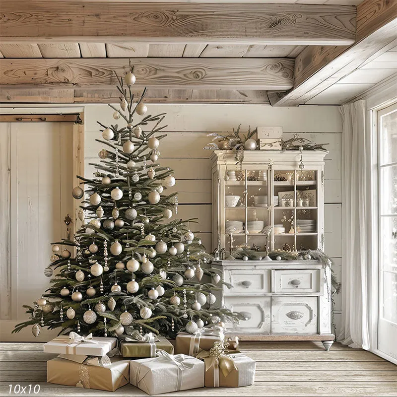 Neutral Vintage Christmas Tree Backdrop for Elegant Holiday Photos