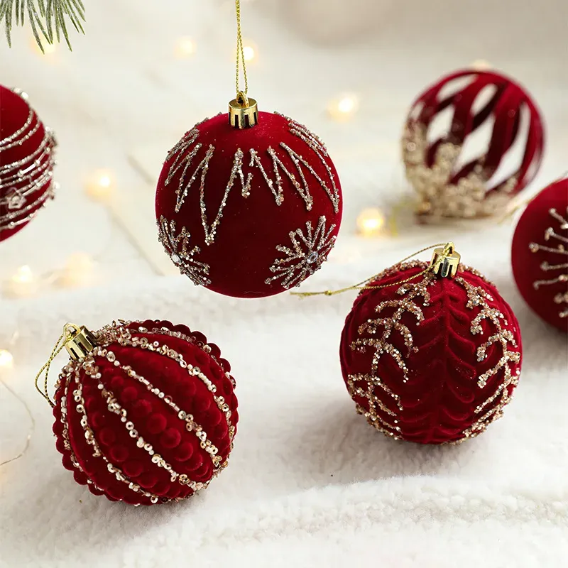 New Luxury Flocking Christmas Ball Ornaments 8cm Wine Red Plastic Sequin Decorations Christmas Tree Hanging Decoration - Nihaojewelry