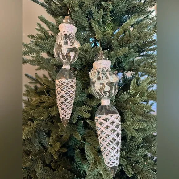 New Set Of 2 Rare Vintage Handblown Clear Glass Unique Christmas Tree Ornaments