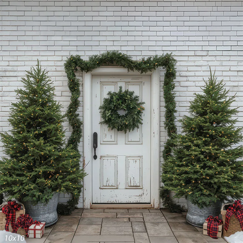 Nordic Porch - White Distressed Door with Fresh Greenery Wreath, Lit  Garland, and Pine Trees in Tubs Photo Backdrop