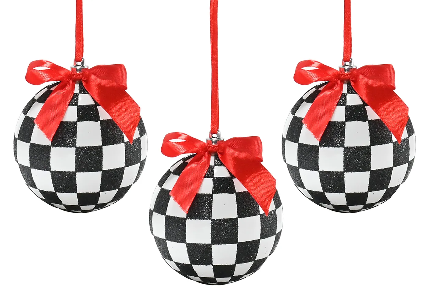 Ornativity Black and White Ornaments - Glittered Black and White Checkered Ball Ornament with Red Bow and String Christmas Tree Decoration Set - Pack