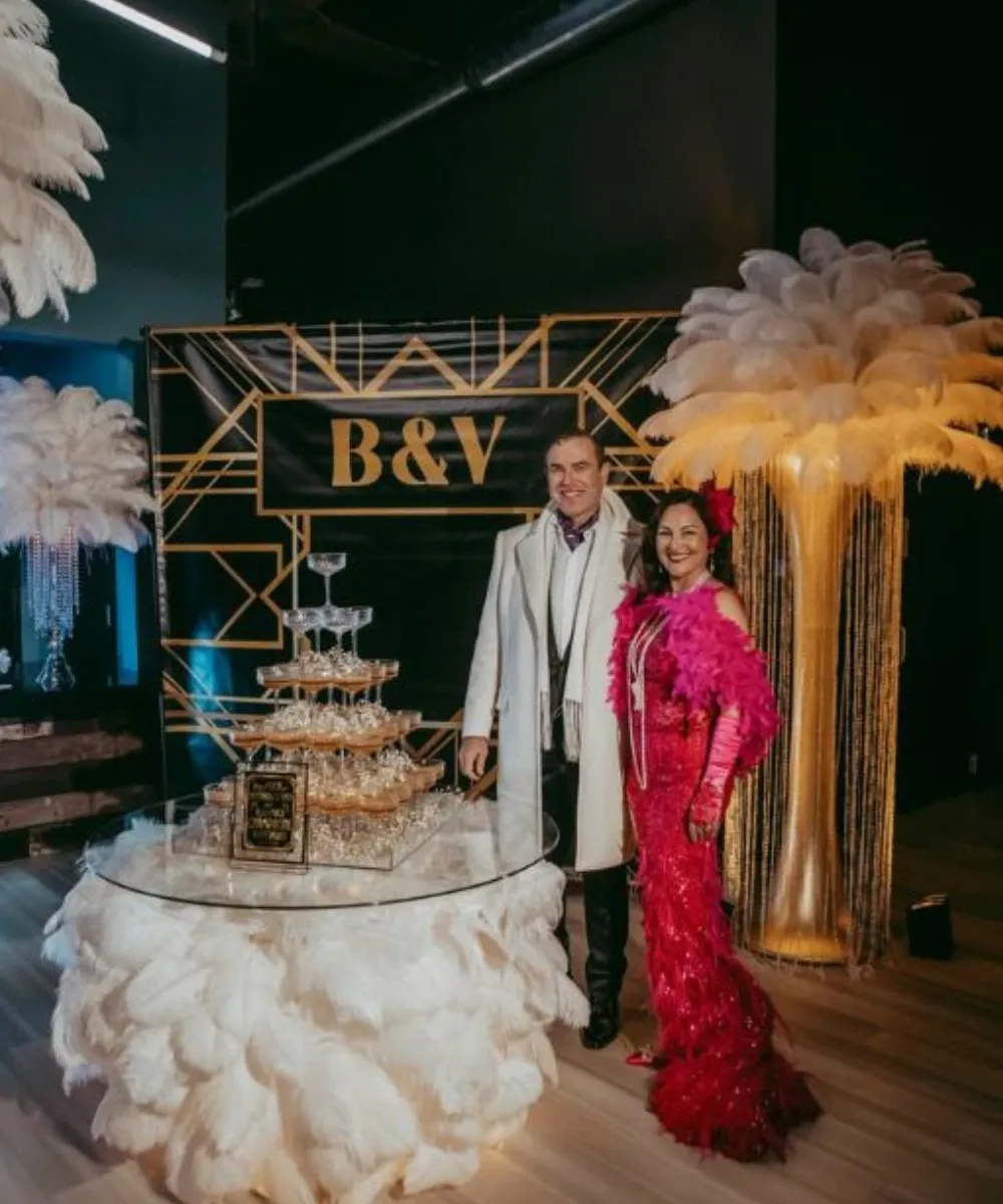Ostrich Feather Cake Table, Champagne Tower and Floor Towers New Years Eve  Decor - RentalCenterpiece
