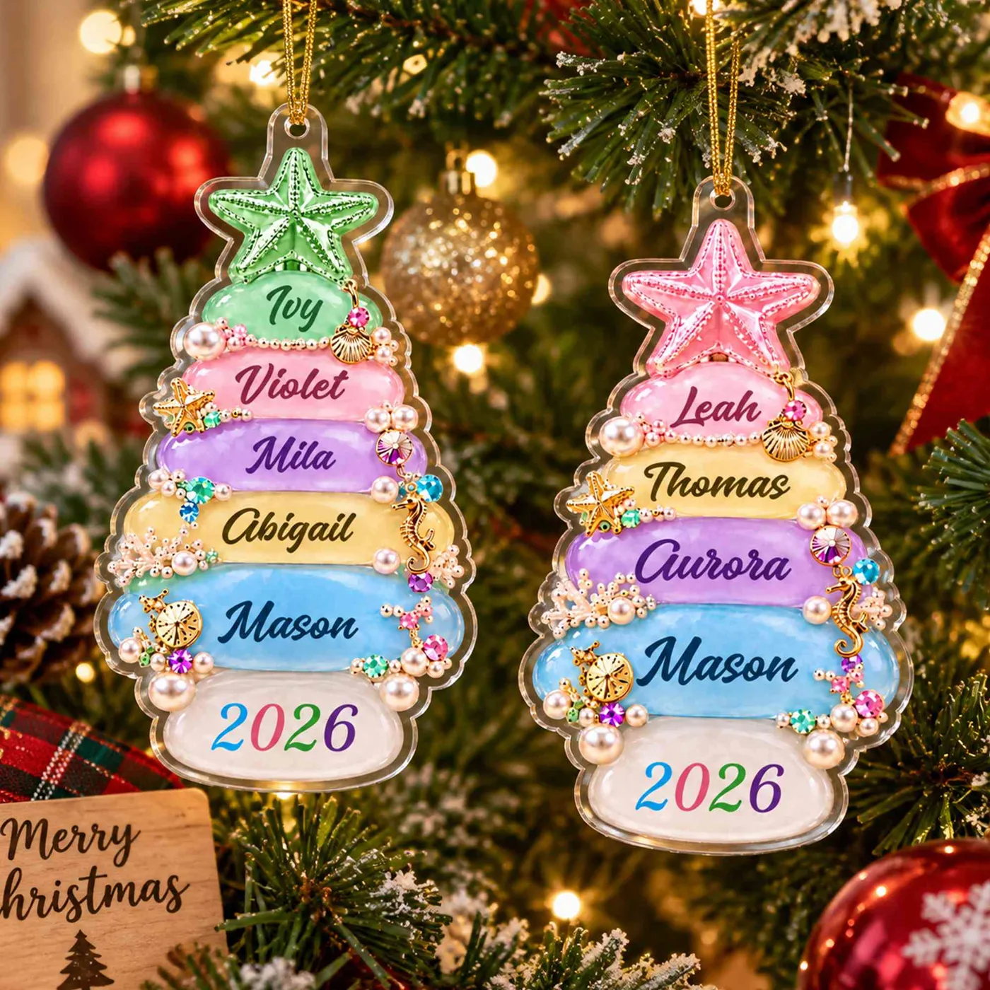 Personalized Sea Glass Christmas Tree Ornament with Names & Year, Acrylic Coastal Beach Holiday Keepsake, Christmas Gift for Family/Ocean Lovers