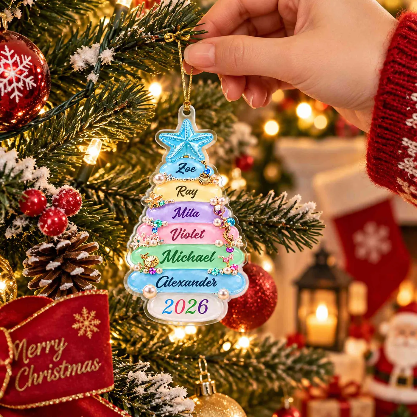 Personalized Sea Glass Christmas Tree Ornament with Names & Year, Acrylic Coastal Beach Holiday Keepsake, Christmas Gift for Family/Ocean Lovers