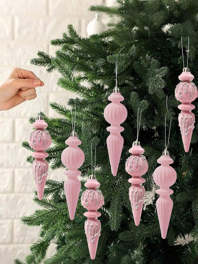 Pink Christmas Tree Pink Velvet Ornaments 6/12pcs Inch Velvet Christmas Ornaments, Textured Christmas Tree Decorations With Hanging Loops, Shatterproof, Home Decor, Perfect For Christmas, Weddings A