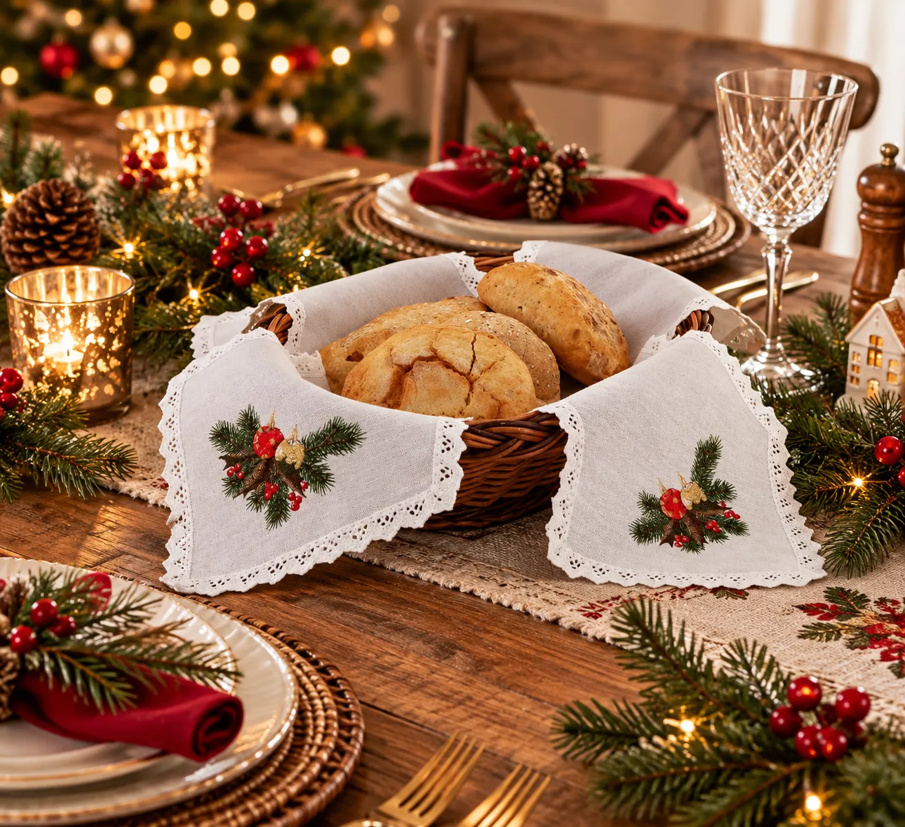 Polish Christmas Mistletoe Candles Bread Basket Liner Bun Warmer Doily –  Taste of Poland
