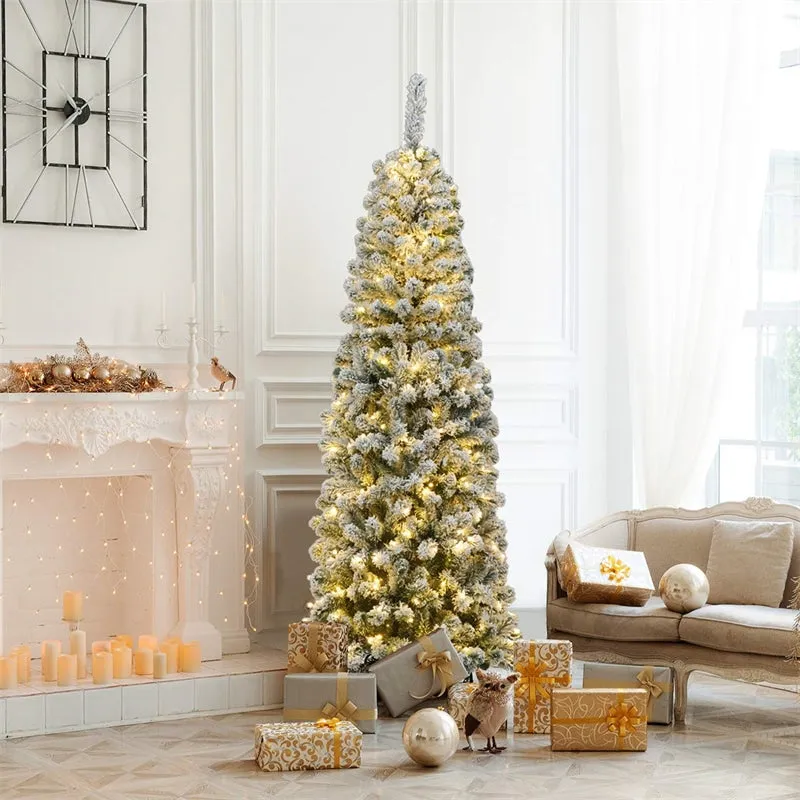 Prelit Flocked Pencil Christmas Tree - LED Lights Xmas Tree | Bestoutdor