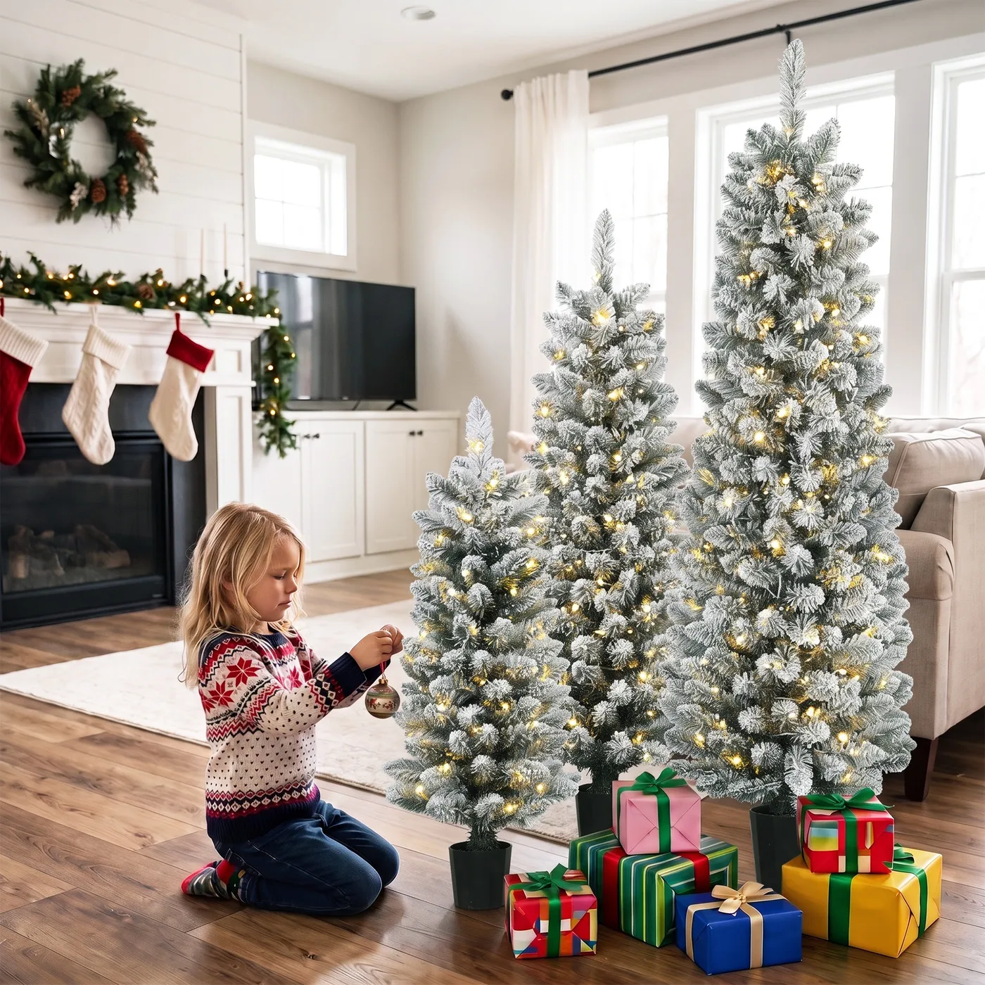 Prelit Snowy Flocked Artificial Christmas Tree Set Of 3 Ao83c - Kuiwee.com