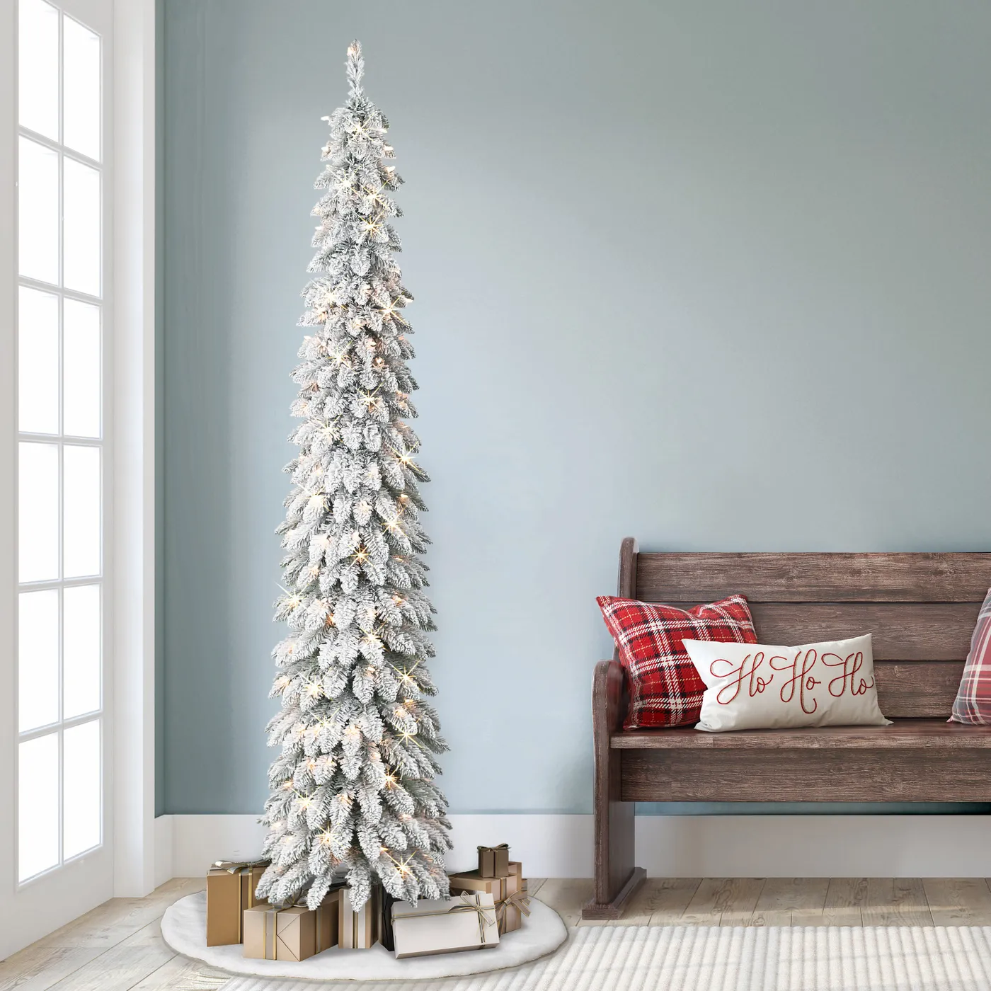 Puleo International 7 ft Pre-Lit Flocked Artificial Alpine Pencil Tree