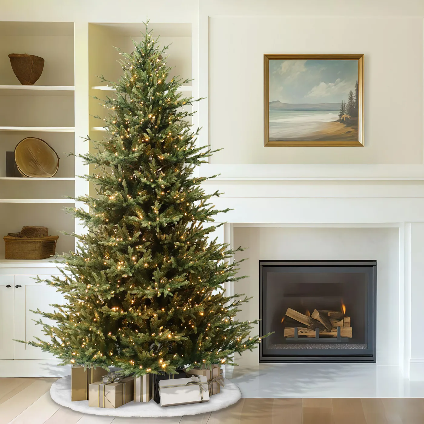 Puleo International 9' Pre-Lit Classic Fir Artificial Christmas Tree with 6642 Memory Wire Tips and a Sure-Lit Pole - Green