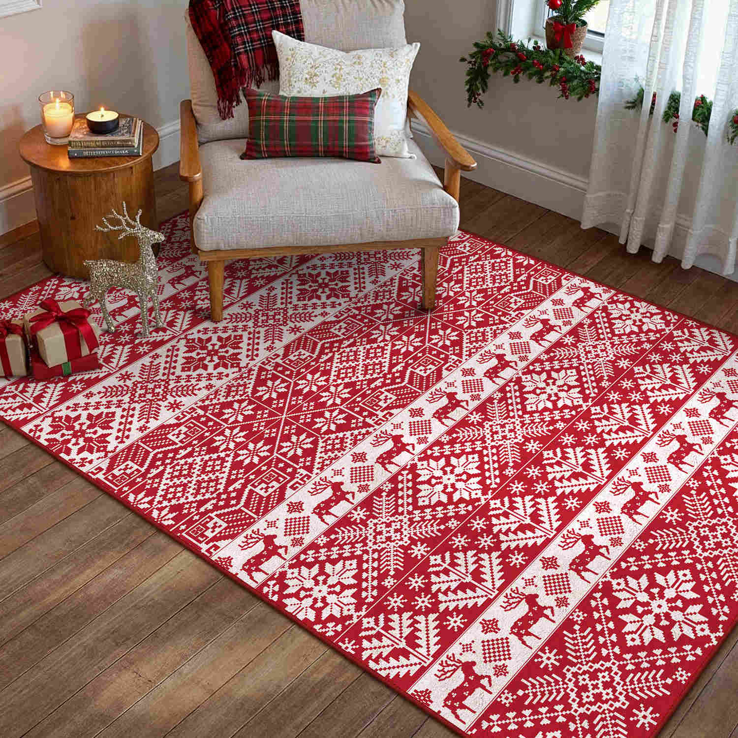 PureCozy 5' x 7' Christmas Red Area Rug Washable Bedroom Living Room Large Carpet - Scandinavian Snowflake Reindeer