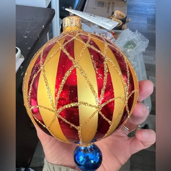 ✨Rare Vintage Christopher Radko CRIMSON STRIPES Ball Drop Ornament✨