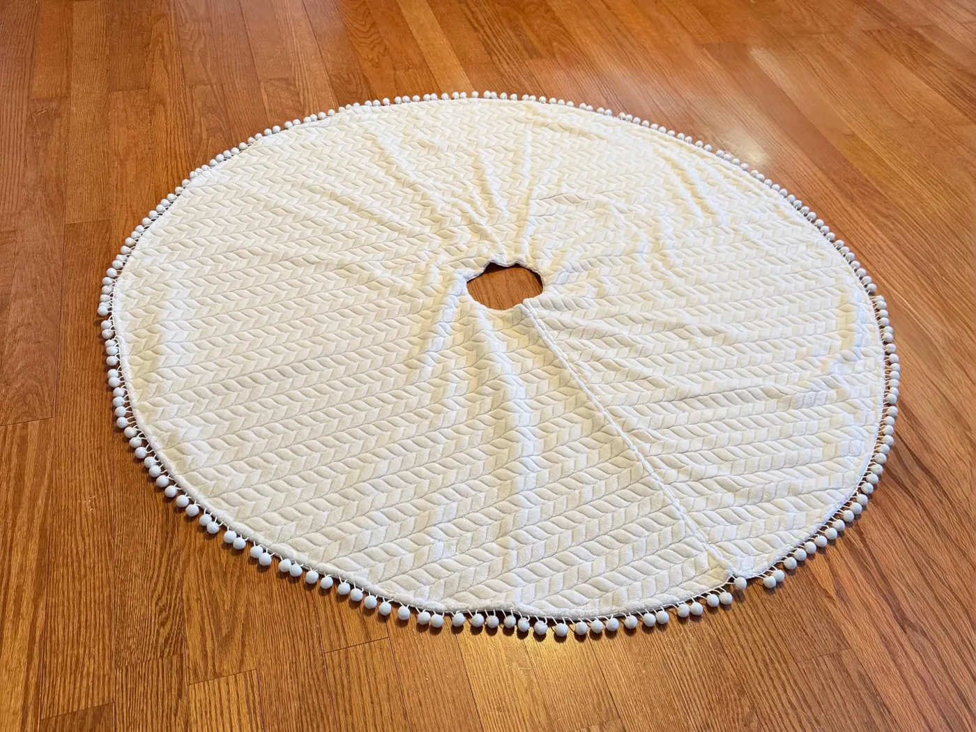 Ready to Ship 50 Ivory Faux Fur Herringbone Grooved Christmas Tree Skirt  with Pom Pom Trim- Lined With Textured Linen- Plush Holiday Decor