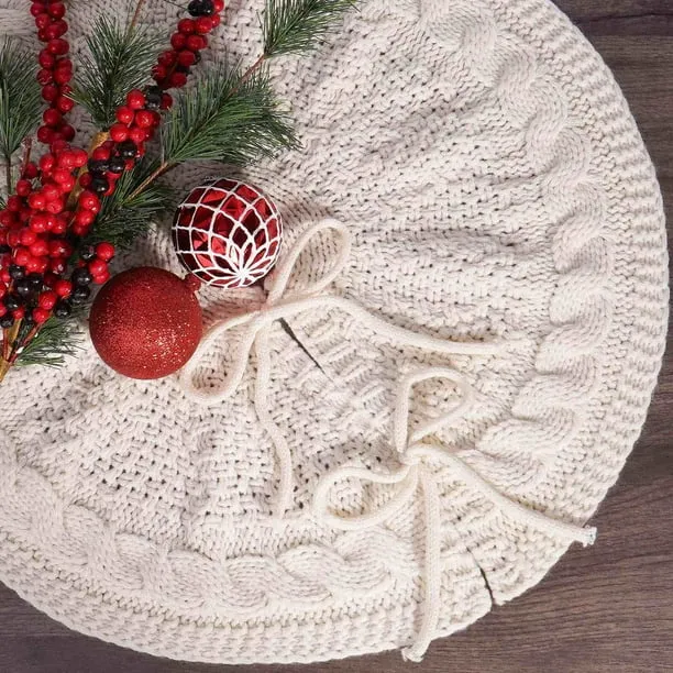Red and White Knitted Christmas Tree Skirt 18 Inch Cable Knit Fabric Mat  for Small Trees - Walmart.com