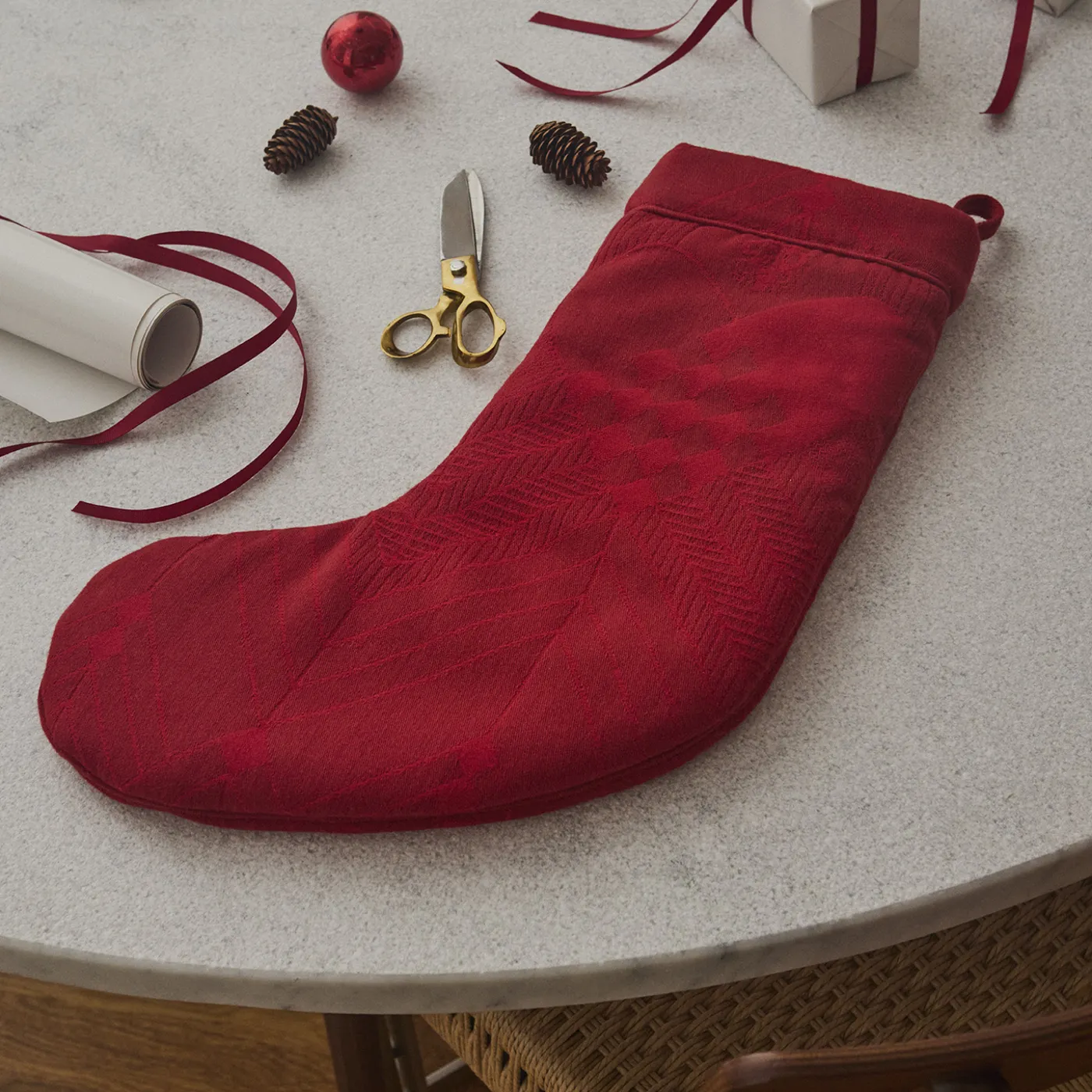 Red Christmas sock with the iconic Christmas design