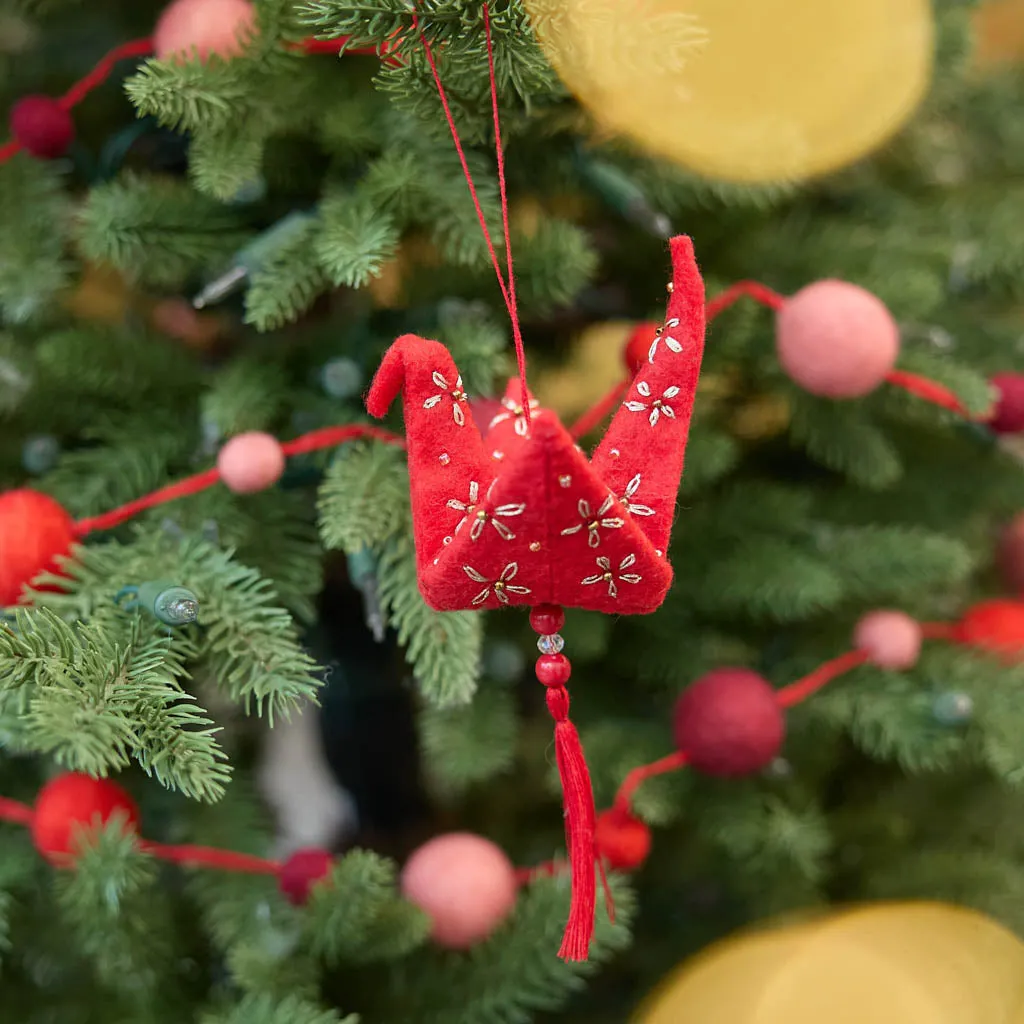 Red & Gold Origami Crane Ornament – Handmade felt Decor – Craftspring