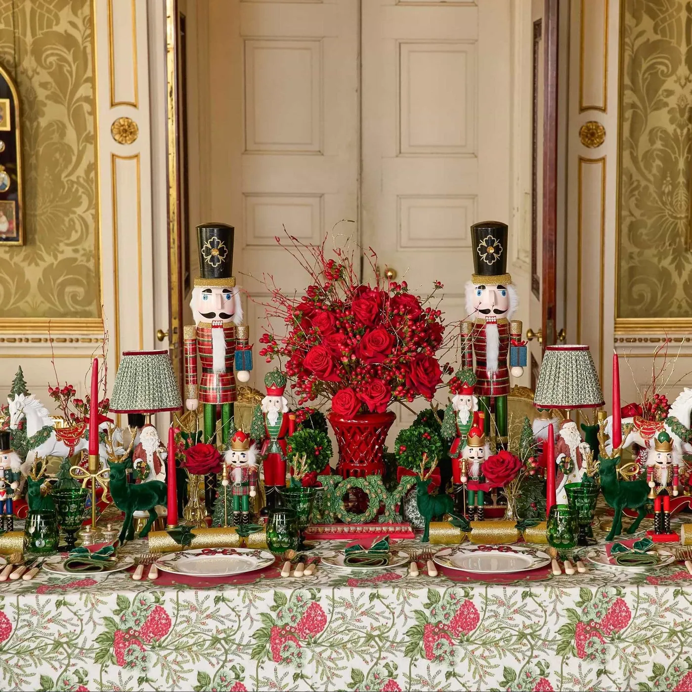 Red Ribboned Chinoiserie Boxwood with Berries, Pair