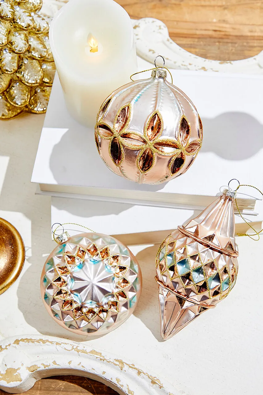 Reflector Pattern Champagne and Gold Glass Ornaments