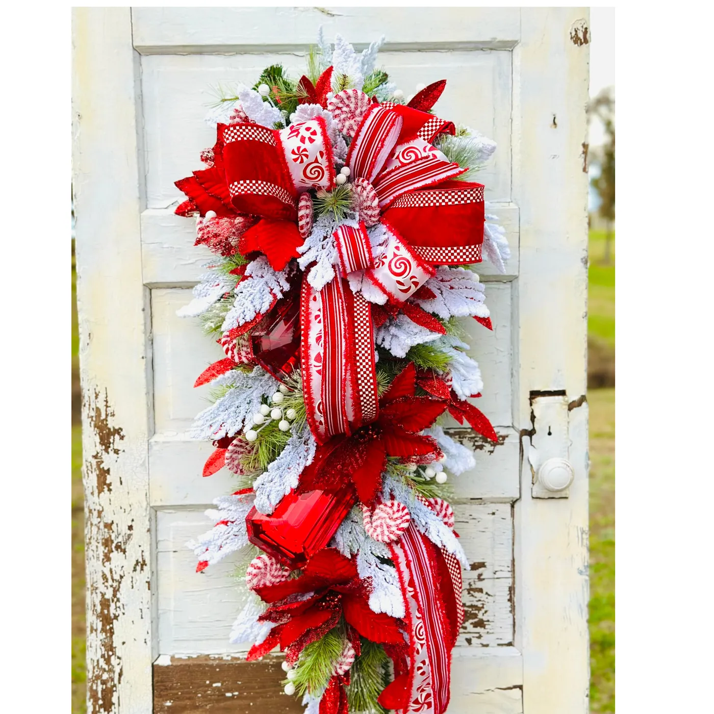 Ribbon Swags XL Peppermint Christmas Swag Red Velvet Holiday Door Swag With Ornam – TCT Crafts Designs Decor