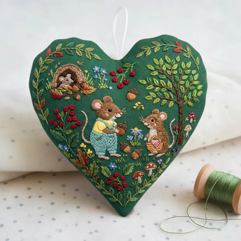 Rubbyoo Heart Embroidery Kit – Forest Mouse Party | Beginner DIY Heart Keepsake for Kids & Adults