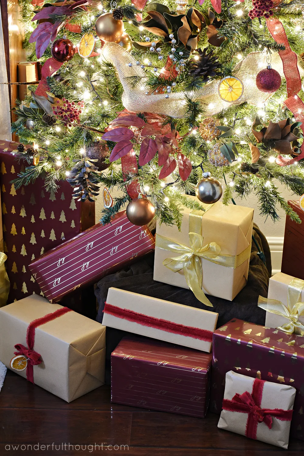 Rustic Burgundy Christmas Tree - A Wonderful Thought