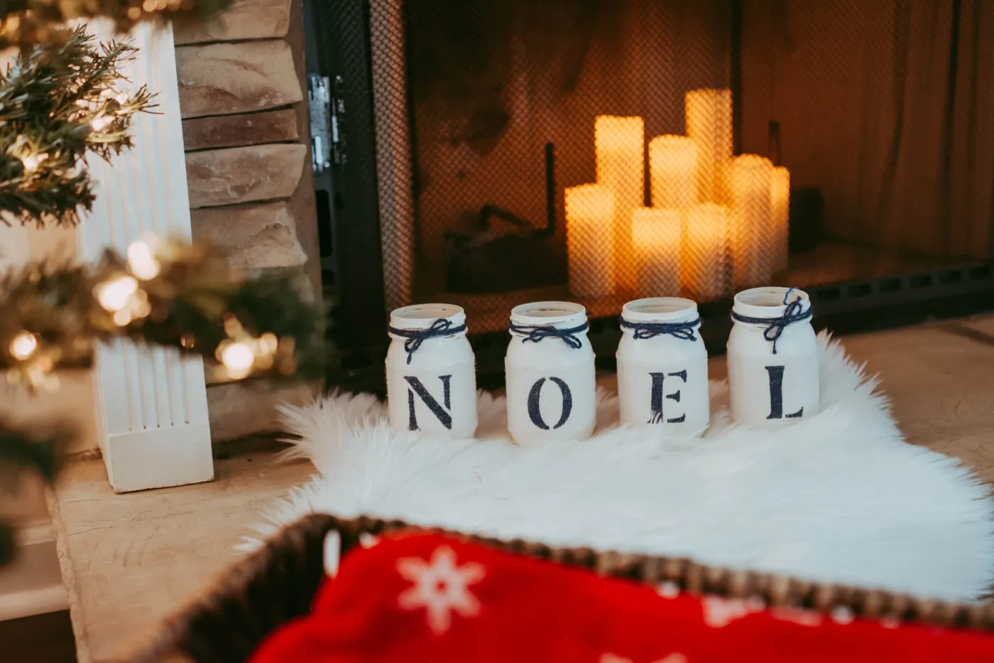 Rustic Christmas Mantel Decor in White and Blue NOEL - Two Sided