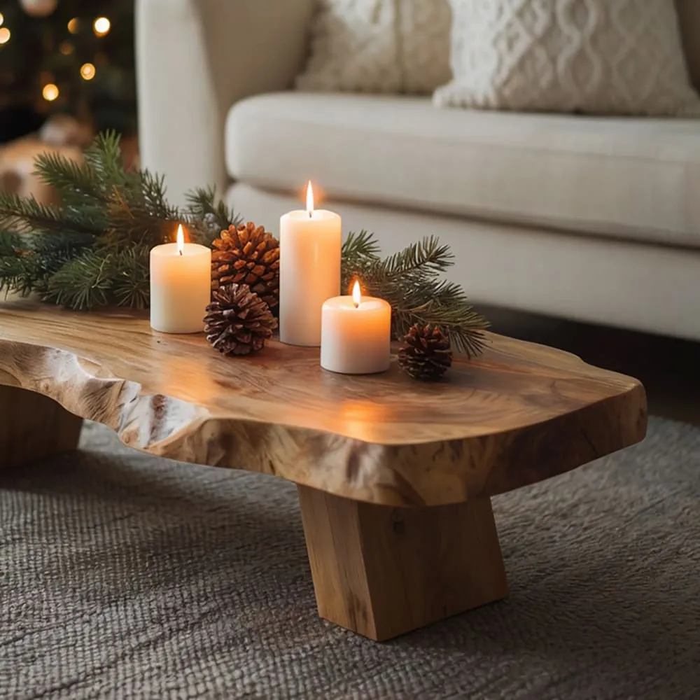 Rustic Live-Edge Solid Wood Low Christmas Coffee Table & Festive Centerpiece